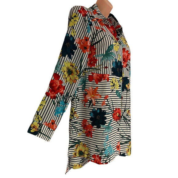 Midnight Velvet Tunic Length Blouse Button Up Shirt Black & White Stripe Top - Picture 2 of 12